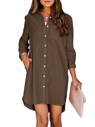 Image of Aoudery Womens Button Down Shirt Dresses with Pockets Cotton Button Up Tunics Long Sleeve Solid High Low Blouse Tops