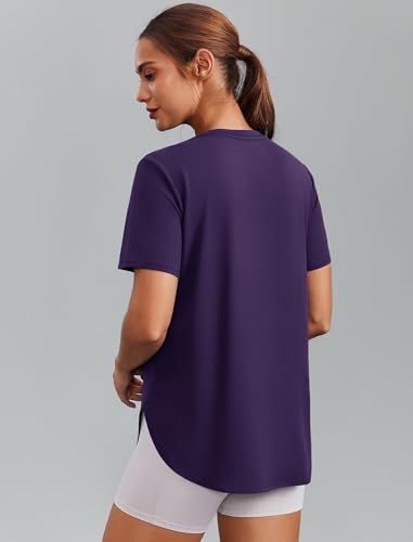 PINSPARK T Shirt Damen Sport Top Gym Oberteil Yoga Rundhals Kurzarm Laufshirts Funktionsshirts Tennis Golf Lila L