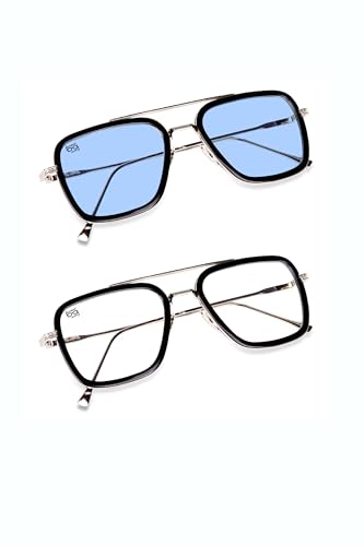 Blue Light Blocking Computer Glasses Gaming Filter Transparent Square Eyeglasses for Eye Protection Men and Women, Tablet/Laptop/Mobile/TV, Anti-blue/Tony Stark/Aviator Frames COMBO of 2,