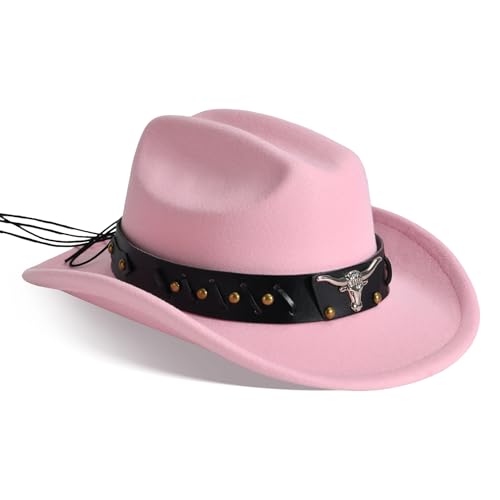 Image of Willheoy Kids Cowboy Hat for Girls Boys Western Cowgirl Hat with Buckle Belt Unisex Wide Brim Fedora Hat Dress Up Costume