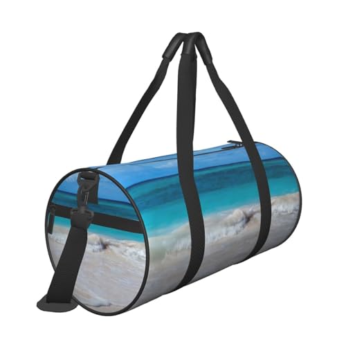 Tropical Beach Scene Turquoise Water Duffle Bag, High Capacity Round Sports Luggage Bag With Interior Organizer & Side Storage Pockets3