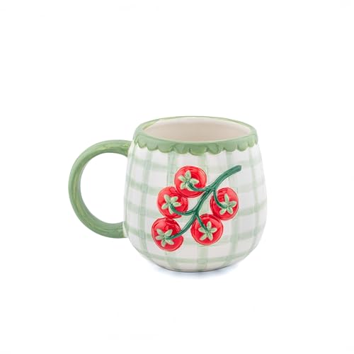 Image of Sass & Belle Handpainted Tomato Mug - Gingham Ceramic Coffee and Tea Cup – Unique Gift for Mum, Novelty Mugs for Him or Her, Home Kitchen Tableware, Quirky Collectible