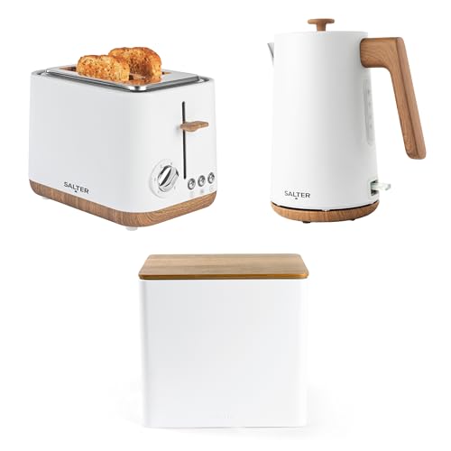 Salter Toronto 3-Piece Kitchen Set – 1.7L 3Kw Rapid Boil Kettle, 815W 2-Slice Toaster & Large Bread Bin, Easy Clean, Durable & Stylish Countertop Coll