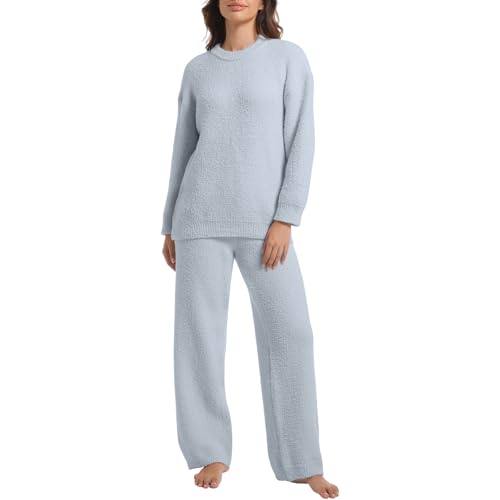 BOSECETA 2 Piece Fleece Pajamas for Women Set Loungewear Outfits Knit Sweater Womens Long Sleeve Fuzzy Pajama Sets (US, Alpha, Small, Regular, Regular, Light Blue)