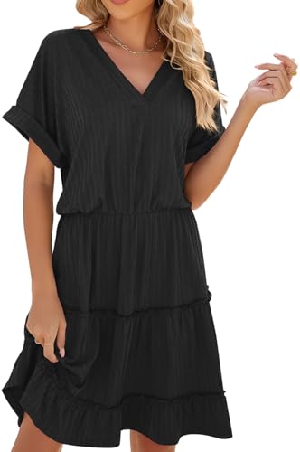 Image of PerZeal Women's Casual V Neck Short Sleeve Tiered Dress Ruffle Hem A-Line Flowy Swing Midi Dresses