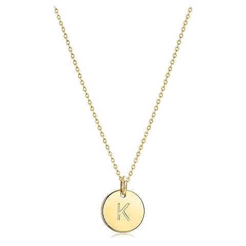 Bemoly Initial Necklace for Women Round 11MM Coin Disc Double Side Engraved Letter K Hammered Pendant 14K Gold Plated Personalized Alphabet Birthday Jewelry 17.5" Cover