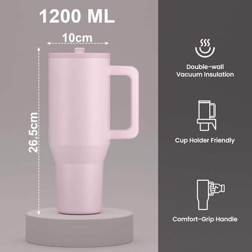 Image of House of Quirk 1200ML Tumbler with Handle & Simple Flip Straw - Car Cup Holder Friendly, Leak Resistant Stainless Steel Water Bottle with Rubber Base (Powder Pink)