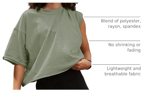 Image of HUGOOME Womens Oversized Workout Crop Top Casual Short Sleeve Boxy Roll Hem | Basic Half Split Sleeve Drop Shoulder Loose Yoga Running Gym Tee Cropped T-shirt Solid Trendy Relaxed Daily Tee