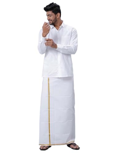 Image of RAMRAJ COTTON Men's Full Sleeve Shirt with 1 /2 Inch Gold Jari Border Dhoti