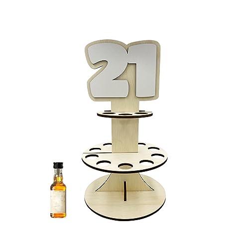 Lumber Reveal USA Mini Liquor Bottle Cake Display Shelf for 21st Birthday or Other Ages | Hand Assembled and Laser Cut | Happy Birthday and 21 Mini Liquor Bottle Holder 21 Natural