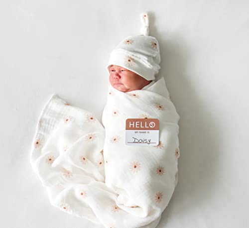 Image of Lulujo Birth Announcement Hat & Swaddle Blanket Set| Unisex Softest Bamboo Viscose Muslin Baby Swaddle Blanket| Receiving Blanket | 47in x 47in| Daisies