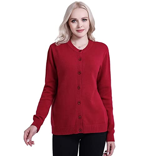 SMILING PINKER Damen Strickjacke Cardigan Basic Rundhalsausschnitt Strickmantel mit Knopf(Rot,L) Cover