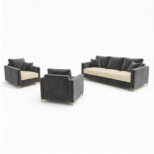 Image of Hayes Dual Tone Rich Velvet Suede 3+1+1 Seater Sofa Set | Golden Aesthetic Legs | Soft Touch Comfort Seating | 5 Person Seating | Modern Living Room Set (Dark Gray & Cream)