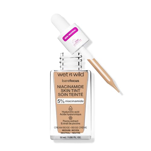 Wet n Wild Bare Focus Niacinamide Skin Tint, Hydrating Tinted Serum with Hyaluronic Acid, Lightweight Sheer-to-Medium Glow, Oil-Free Makeup, Cream Beige