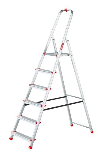 Baulich - Aluminium Leiter - 6-stufige einseitige Haushaltsleiter, Haken und Füße 4 Stück inklusive - Ergonomisches Design, leicht zu transportieren - 191x48x12cm - Belastbarkeit bis 125 kg