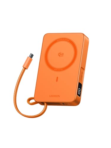 Image of UGREEN MagFlow 10,000mAh Power Bank, Qi2 25W Certified Wireless Charging, Magnetic Portable Charger for MagSafe with Built-in Cable, 30W USB-C Battery Pack for iPhone 17 Pro Max /16 /15 /14 /13 /12, Orange