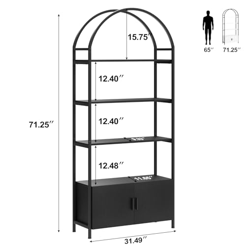 Image of Jehiatek Arched Bookshelf, Bookcase with Doors Storage, 71 Inches Tall Industrial Book Shelf with Sturdy Metal Frame, E1 Quality Boards, Freestanding Display Shelving Unit, Black