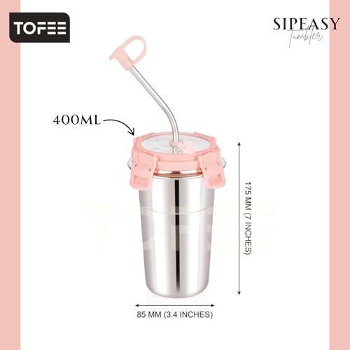 Image of TOFEE Stainless Steel Tumbler with Lid, Straw & Cleaning Brush (Each 400ml) Leakproof Travel Cup, Reusable & Durable, Sippy Cups for Home, Office & Outdoors (2, Pink)