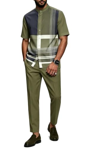 TIFIYA Men's Summer High Neck Fashion Shirts Suit Button Down Pattern Textured Formal Dressy Matching Set TM188-8-S