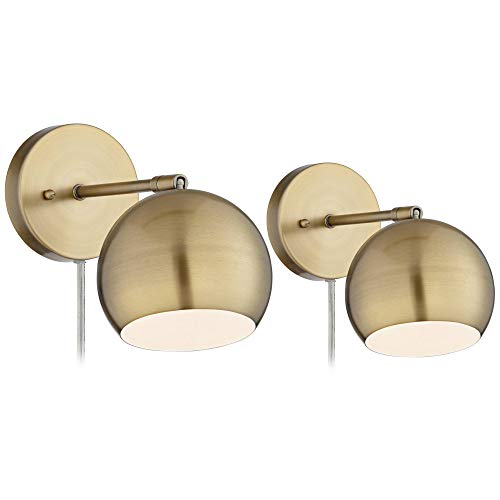 360 Lighting Selena Indoor Wall Lights LED with Cord Set of 2 Antique Brass Metal Plug in Light Fixture Sphere Shade Pin Up for Bedroom Bedside House Reading Living Room Home Hallway Dining