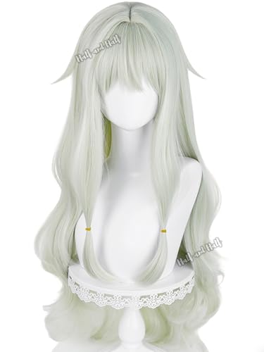 Image of Half and Half Long Light Green Curly Anime Cosplay Game Wig for Women 34.6'' Pastel Green Wave Virtual Singer Wig with Bangs Wigs for Halloween Party Costumes Daily