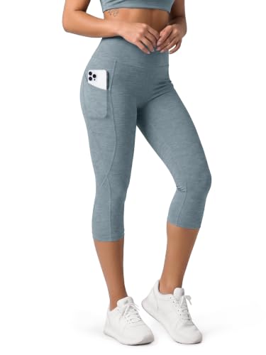 ODODOS Women's High Waisted Yoga Capris with Pockets, Ultra Soft odSTRATUM Tech Tummy Control Workout Running Capri Leggings, Dusty Blue Heather, Large