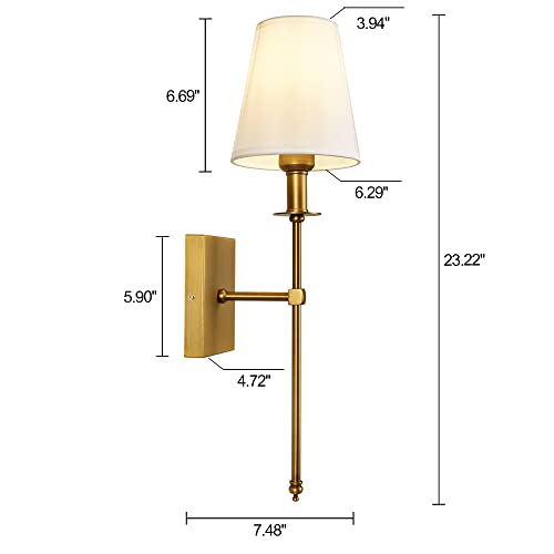 Image of Modern Antique Brass Hardwired Wall Sconces Set of 2 Slim with White Fabric Shade,Wall Lighting for Bathroom Vanity Mirror Living Room Dining Entryway Fireplace Mantel Theater Room Bedside