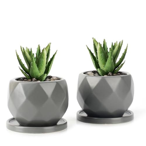 Umlaca 植木鉢 多肉植物 鉢 陶器鉢 プランター 小型 底穴あり ミニ鉢植え サボテン鉢 ミニ 植木鉢 おしゃれ 陶器受け皿付き 鉢底ネット付き 2点セット 植物なし (グレー)のサムネイル