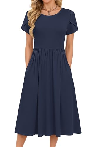 MOLERANI Damen Sommerkleider - Kurzarm Rundhals Midikleid Knielang Freizeitkleider Lose A-Linie Kleider mit Tasche Marineblau 2XL 1