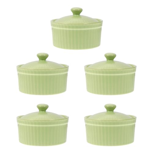 EPIGEIST Set 5 Pezzi Ciotole da Dessert in Ceramica con Coperchio Contenitori per Dolci Soffici Rotondi Verdi Resistenti e Adatti per Cottura al Forno e Presentazione Elegante