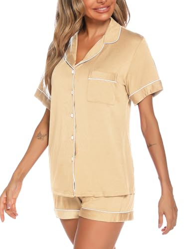 Image of Aamikast Button Up Pajama Set for Women Shorts Short Sleeve Knit Sleepwear 2 Pice Pjs Sets