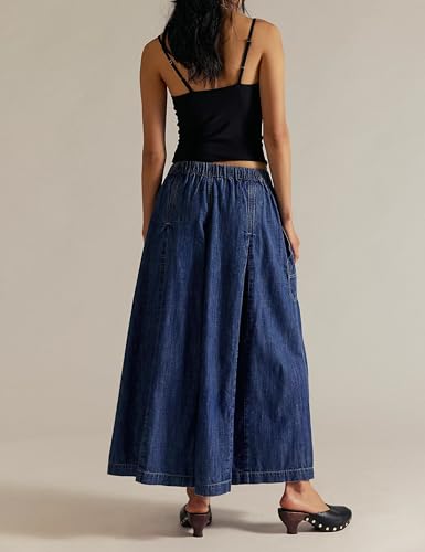 Gozoloma Women's Oversized Lightweight Wide Leg Waistband Flowy Denim Pants with Pockets2