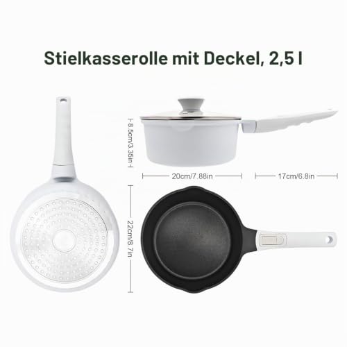 Kasserolle 20cm mit Deckel, 2.5L Antihaft-Stielkasserolle- Weiß-Schwarz – Ansicht 7