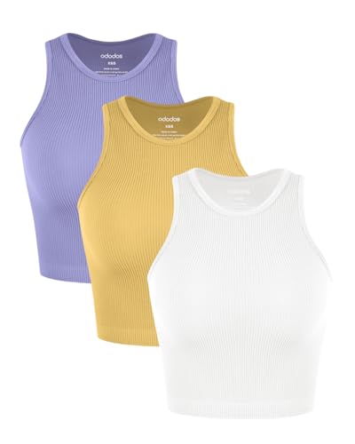 Image of ODODOS 3-Pack Seamless Crop Tank for Women Ribbed Soft High Neck Cropped Tops