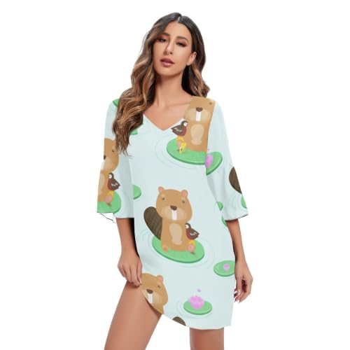Robe d'été motif castor imprimé élégant vêtement de plage fluide