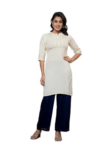 Image of Juniper Rayon Knee-Length Straight Fit Kurta with Mandarin Collar & Three-Quarter Sleeves