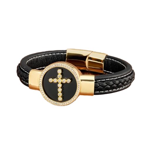 Bracelet croisé en zircone pour homme avec cordon noir en cuir et pierres