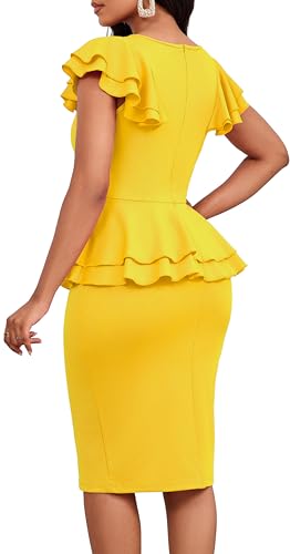 Image of Dresses for Women Elegant Long Sleeves Ruffles Pencil Knee Length Split Business Dress with Belt Zipper