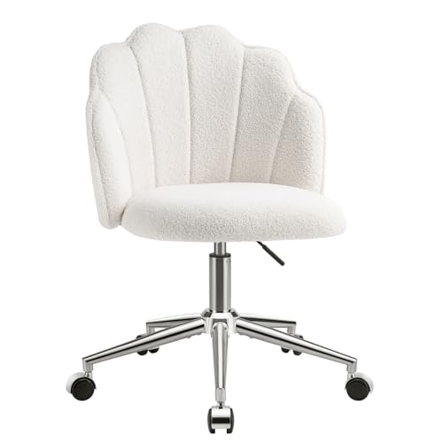 Eufurnibi Chaise Coiffeuse Chambre, Chaise Pivotante à Roulette pour Fille, Siege de Bureau Confortable, Montage Facile, Beige/Blanche