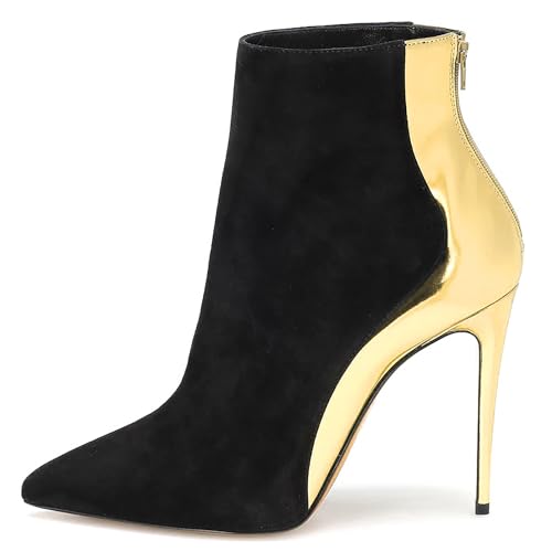 Bottines courtes à talons hauts fins en cuir verni bicolore noir et doré avec zip