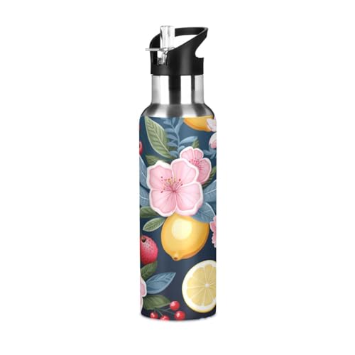 Linnyio Fruchtmuster Blume Zitrone Wasserflasche,Isolierte Thermoskanne,Sport-Vakuumbecher,Edelstahlkrug Auslaufsichere Sport-Trinkflasche,BPA-Frei,1000ml/600ml