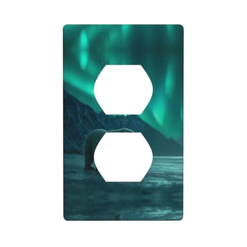 LLKGOT Panel de pared de doble enchufe con patrón de oso polar en la aurora boreal, cubierta de alimentación doméstica duradera para enchufes e interruptores decorativos