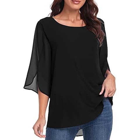 CHICGAL Womens Ruffle 3/4 Sleeve Tops Loose Casual Shirts Chiffon Blouses Tunic(01 Solid Black,M) Cover