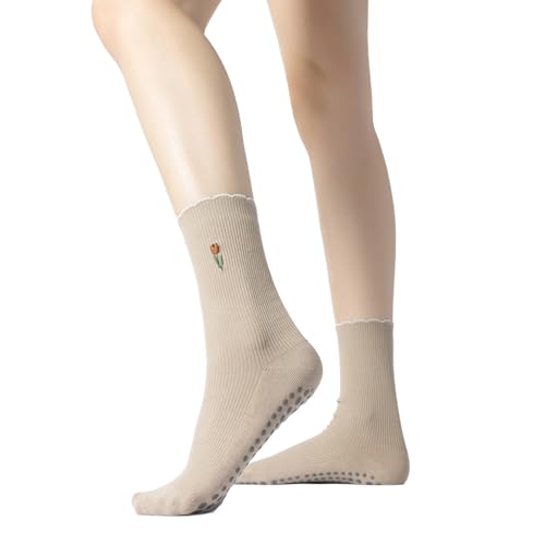 Image of Verdancy Yoga Pilates Socks with Non-Slip Grips Ruffle Trim Tulip Embroidered Cushioned Crew Socks for Barre Ballet Dance