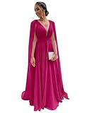 JKMMYO Cape Sleeve Fuchsia Bridesmaid Dresses Ruched V Neck Long Ball Gown Dresses for Women Formal Size 6