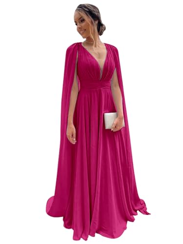 JKMMYO Cape Sleeve Fuchsia Bridesmaid Dresses Ruched V Neck Long Ball Gown Dresses for Women Formal Size 6