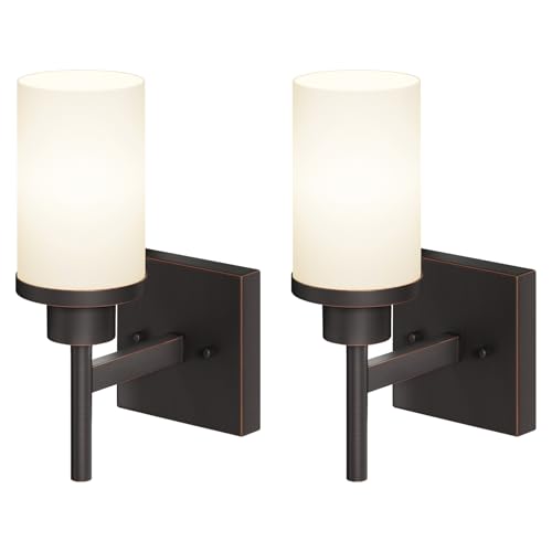Image of Wall Lights Over Mirror Bathroom Vanity Light Fixtures with White Frosted Glass Shade, Wall Sconces for Porch, 2 Pack Oil Rubbed Bronze T001ORB-L1-P2