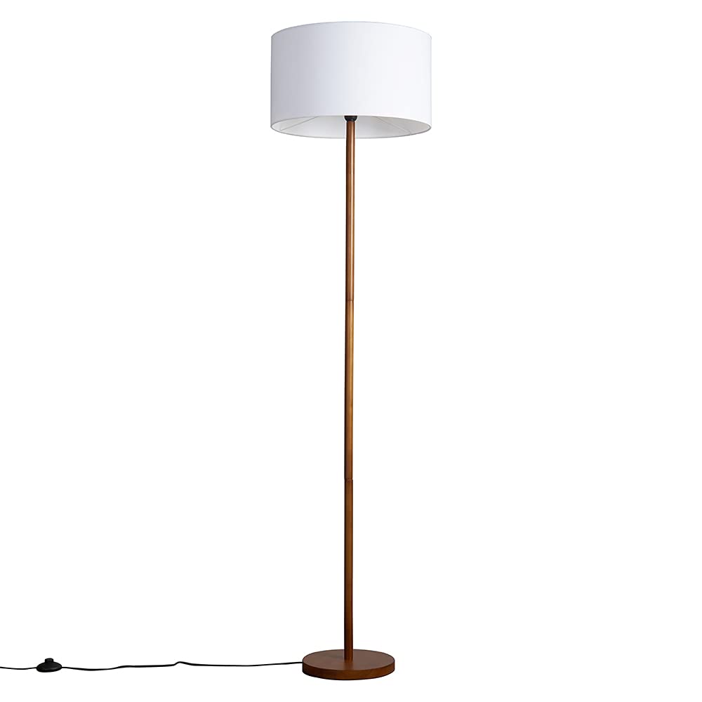 Valuelights White Heather Dark Wood Floor Lamp With Fabric Drum Shade & Led Bulb In