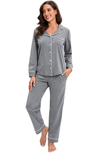 Image of LUBOT 100% Cotton Pajamas for Women PJ Set Soft Long Sleeve Button-Down Shirt 2 PC Set Warm Sleepwear Loungewear Night Suit (Dark Gray, XL)