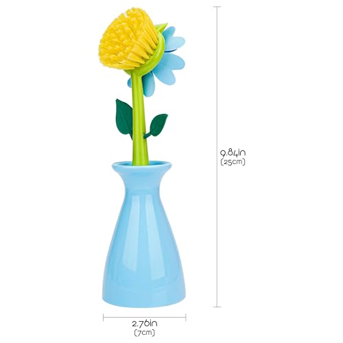 Image of Long Handle Flower Pot Brush, Florganic Dish Brush with Vase, Long Handle Dish Brushs Kitchen, for Cleaning Pot Pan Sink Kitchen Supplies Decorative Vase (Blue)
